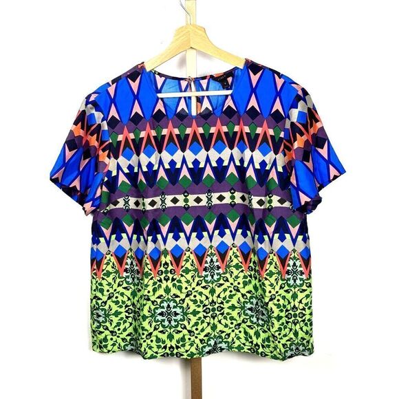 J. Crew Bold, Bright, Geometric Print S/S Blouse 100% Silk, EUC Size 6 - Picture 1 of 7
